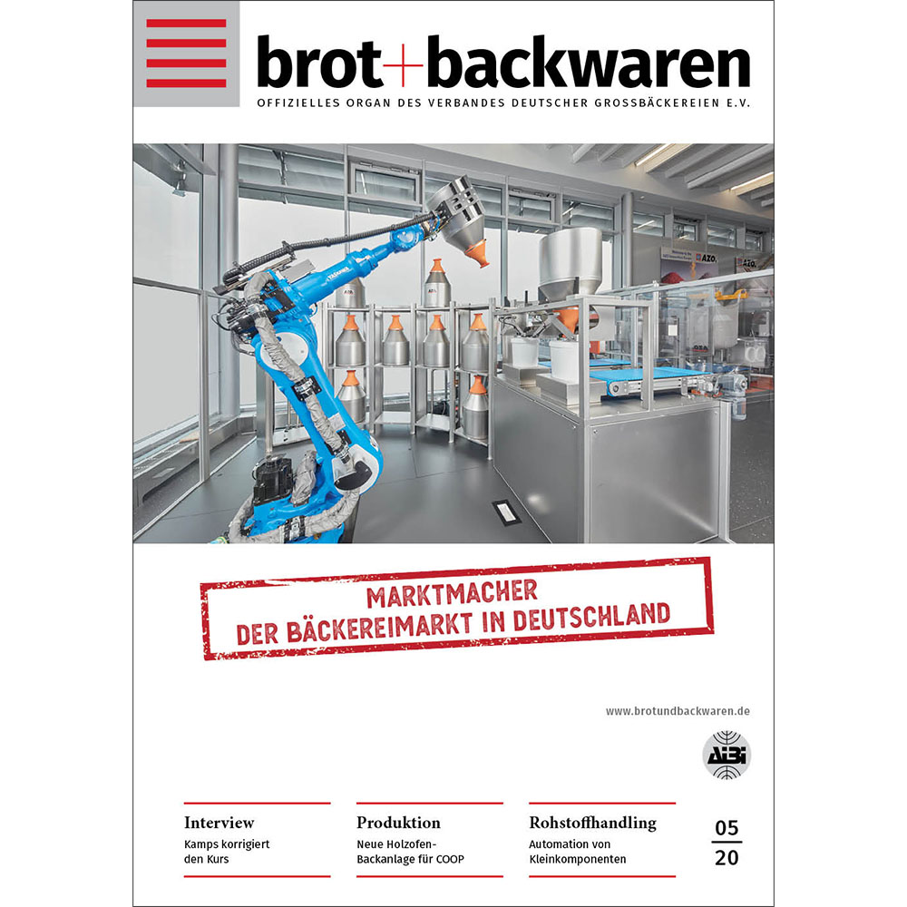 f2m-brot+backwaren 2020-05; Interview Kamps korrigiert den Kurs; Produktion Neue Holzofen-Backanlage für COOP; Rohstoffhandling Automation von Kleinkomponenten