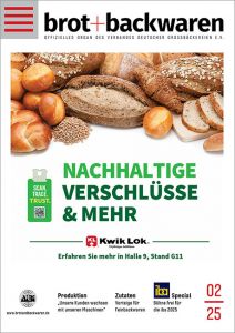 zu sehen ist das Cover der brot+backwaren 2025-02 mit diesen Themen Produktion: „Unsere Kunden wachsen mit unseren Maschinen“ Zutaten: Vorteige für Feinbackwaren iba Special: Bühne frei für die iba 2025